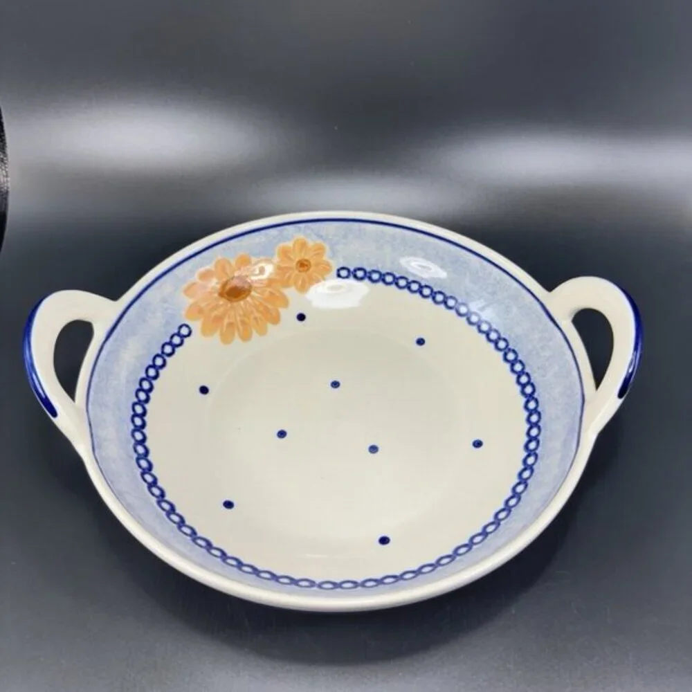 Vintage‎ German Pottery Tray Dish Bowl With Handles Hand Made With Flower Design